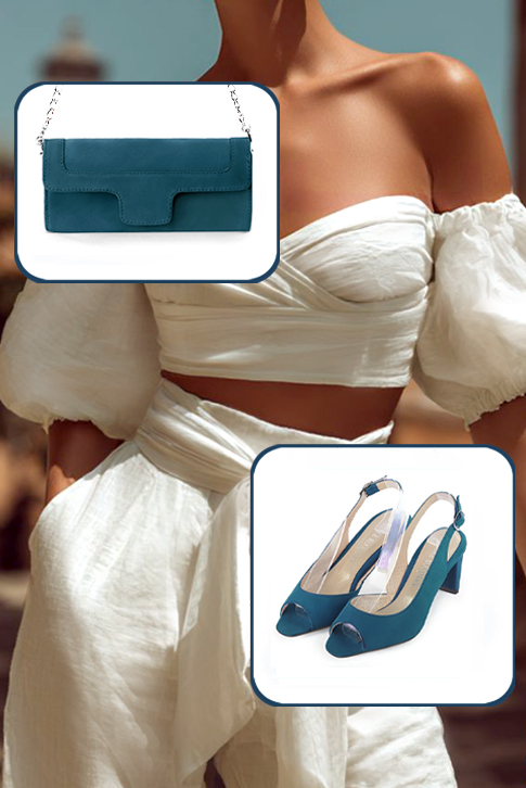 Dress heels peep-toe slingback in peacock blue leather with medium comma heels and square toe - Worn view